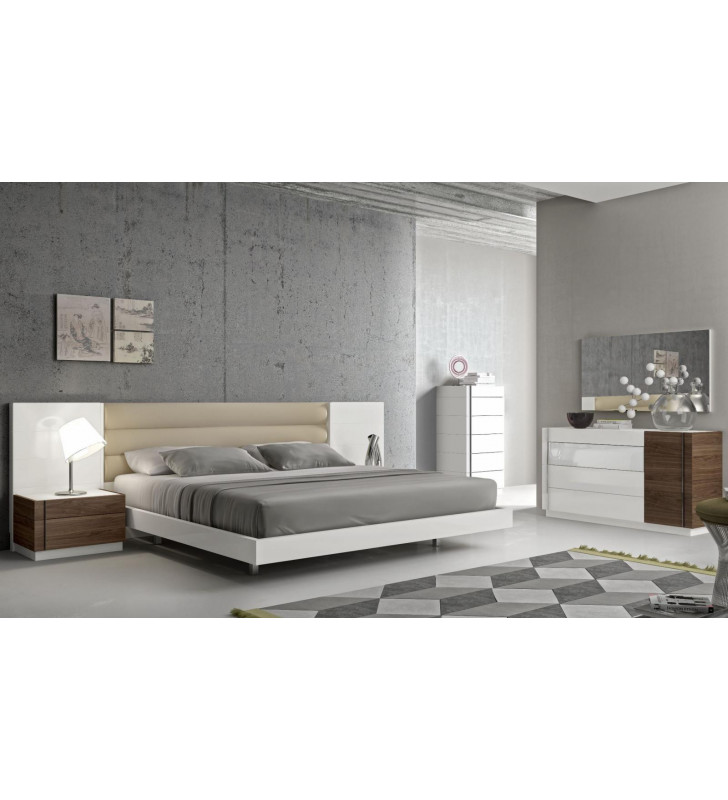 J&M Lisbon Modern White Lacquer Walnut & Wood Veneer King Size Bedroom Set 5 Pcs