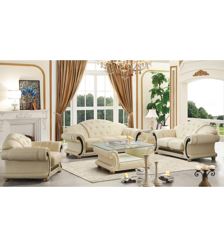 Ivory Genuine Leather Sofa-Bed Set w/Coffee Table 4Pcs Traditional Made in Italy ESF Apolo 