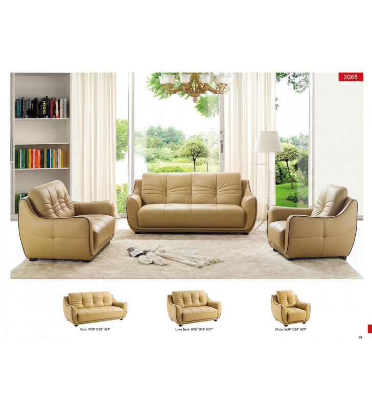 Beige Top-grain Leather Sofa Living Room Set 3Pcs Modern ESF 2088