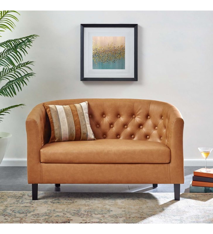 Prospect Upholstered Vinyl Loveseat in Tan - Lexmod