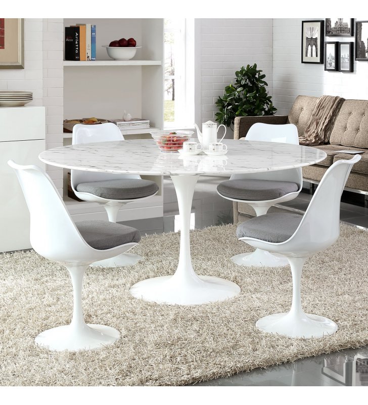 Lippa 60" Round Artificial Marble Dining Table in White - Lexmod