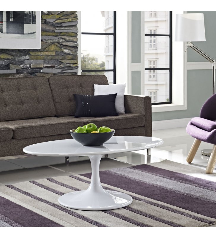 Lippa 42" Oval-Shaped Wood Top Coffee Table in White - Lexmod