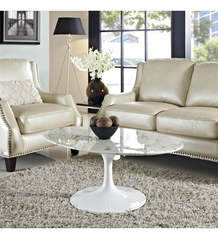 Lippa 42" Oval-Shaped Artificial Marble Coffee Table in White - Lexmod