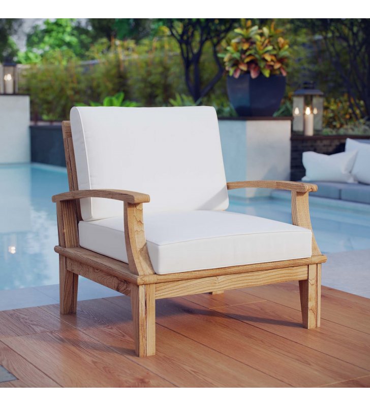 Marina Outdoor Patio Teak Armchair in Natural White - Lexmod