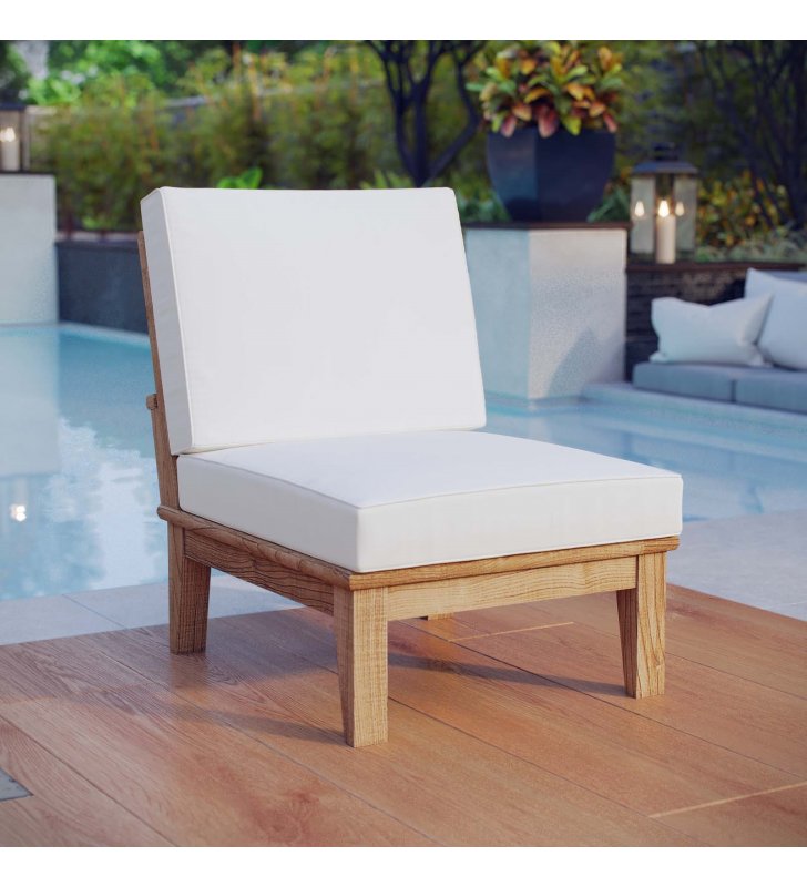 Marina Armless Outdoor Patio Teak Sofa in Natural White - Lexmod