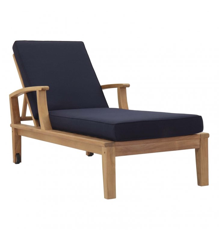 Marina Outdoor Patio Teak Single Chaise in Natural Navy - Lexmod
