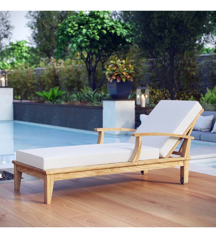 Marina Outdoor Patio Teak Single Chaise in Natural White - Lexmod