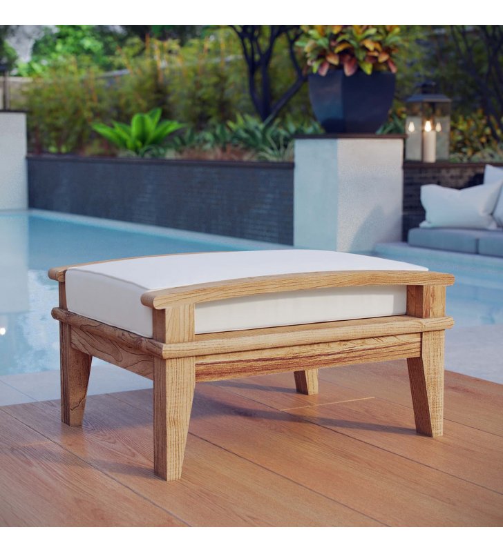 Marina Outdoor Patio Teak Ottoman in Natural White - Lexmod