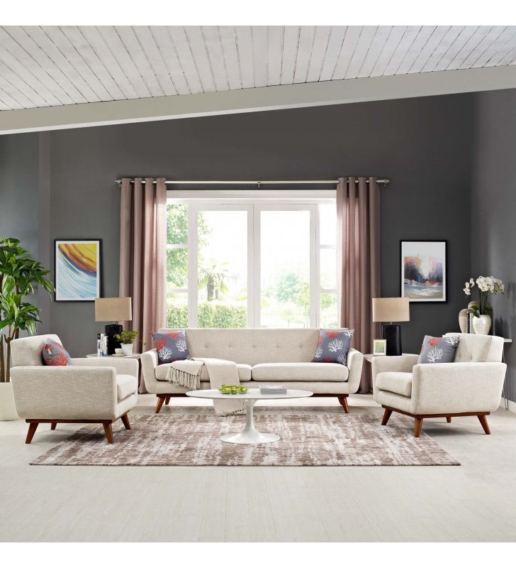 Engage Armchairs and Sofa Set of 3 in Beige - Lexmod