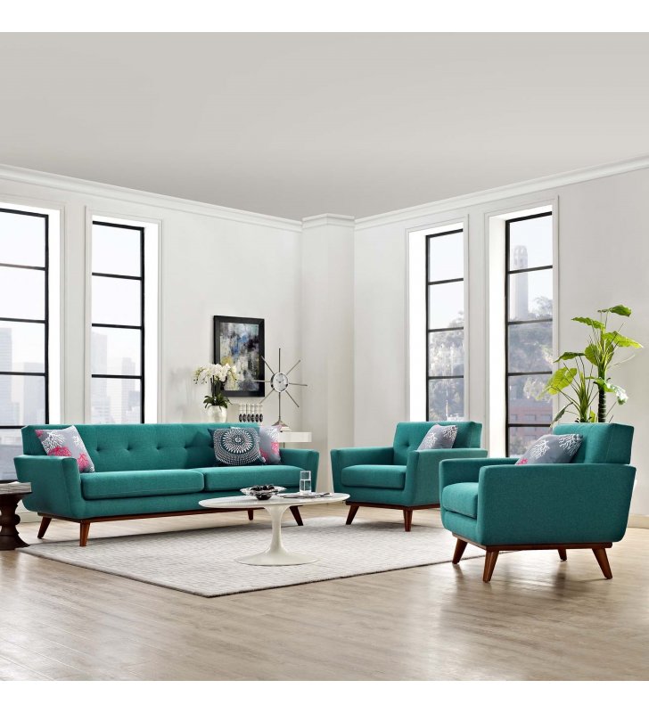 Engage Armchairs and Sofa Set of 3 in Teal - Lexmod