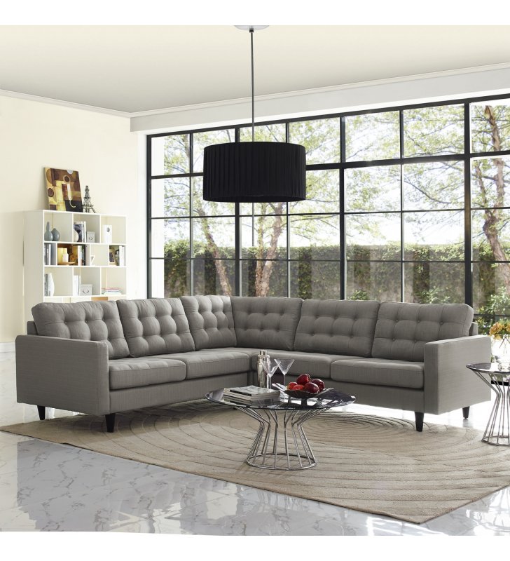 Empress 3 Piece Upholstered Fabric Sectional Sofa Set in Granite - Lexmod
