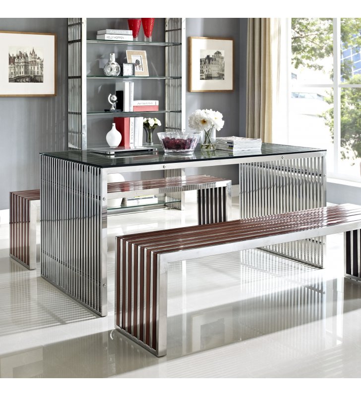 Gridiron Large Wood Inlay Bench in Walnut - Lexmod