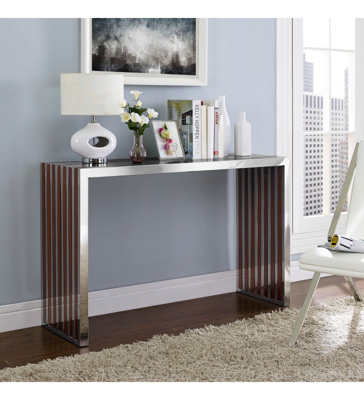 Gridiron Wood Inlay Console Table in Walnut - Lexmod