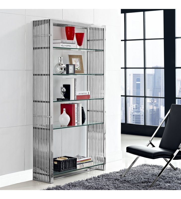Gridiron Stainless Steel Bookshelf in Silver - Lexmod