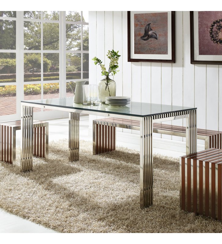 Gridiron Stainless Steel Rectangle Dining Table in Silver - Lexmod