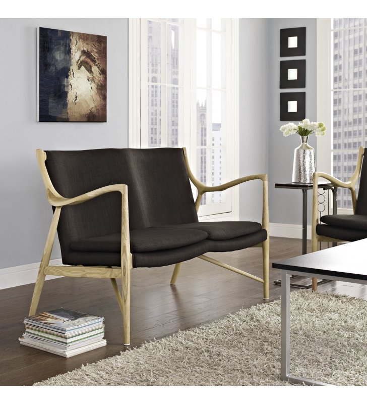 Makeshift Upholstered Fabric Loveseat in Natural Brown - Lexmod