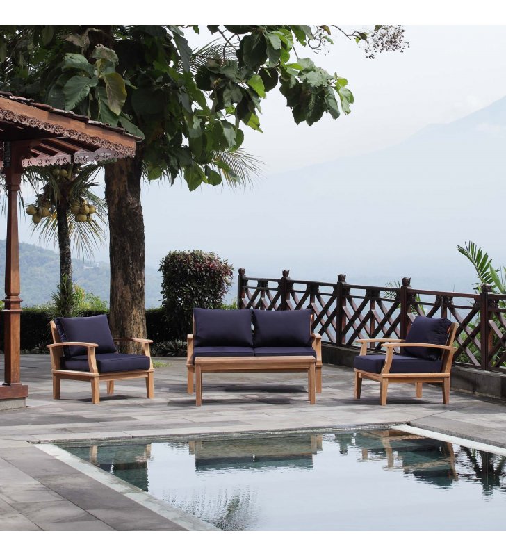 Marina 4 Piece Outdoor Patio Teak Set in Natural Navy - Lexmod