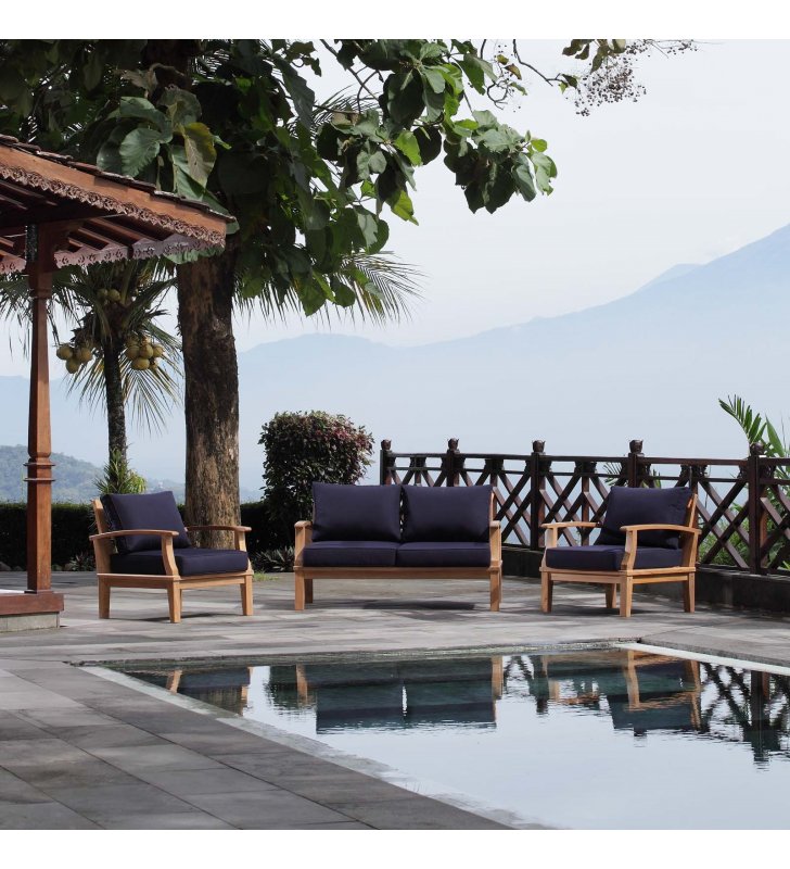 Marina 3 Piece Outdoor Patio Teak Set in Natural Navy - Lexmod