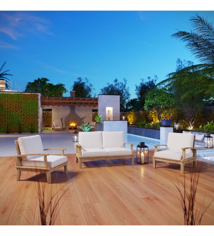 Marina 3 Piece Outdoor Patio Teak Set in Natural White - Lexmod