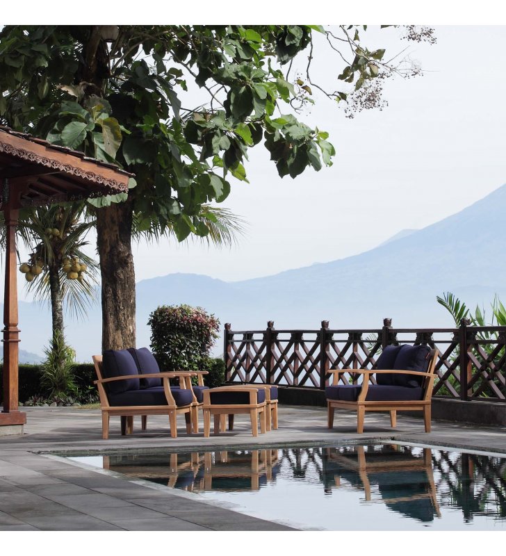 Marina 5 Piece Outdoor Patio Teak Set in Natural Navy - Lexmod