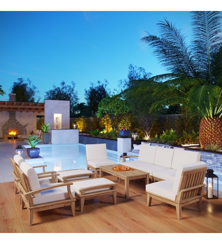Marina 10 Piece Outdoor Patio Teak Set in Natural White - Lexmod