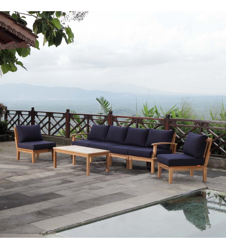 Marina 7 Piece Outdoor Patio Teak Set in Natural Navy - Lexmod