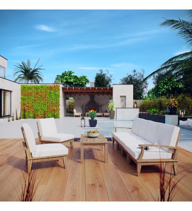 Marina 7 Piece Outdoor Patio Teak Set in Natural White - Lexmod