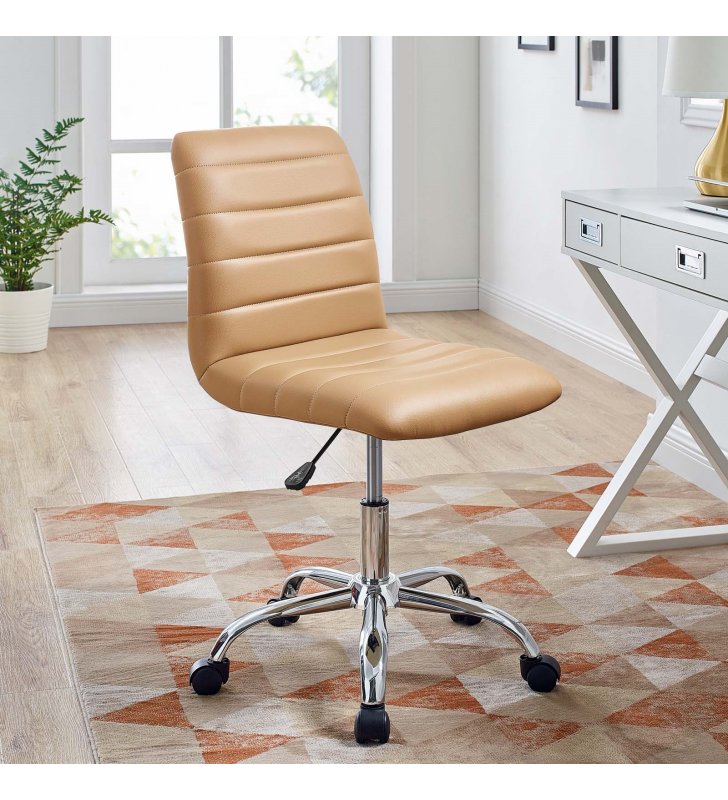 Ripple Armless Mid Back Vinyl Office Chair in Tan - Lexmod