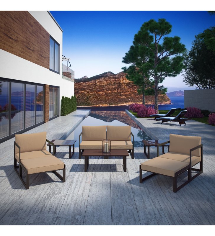 Fortuna 9 Piece Outdoor Patio Sectional Sofa Set in Brown Mocha - Lexmod