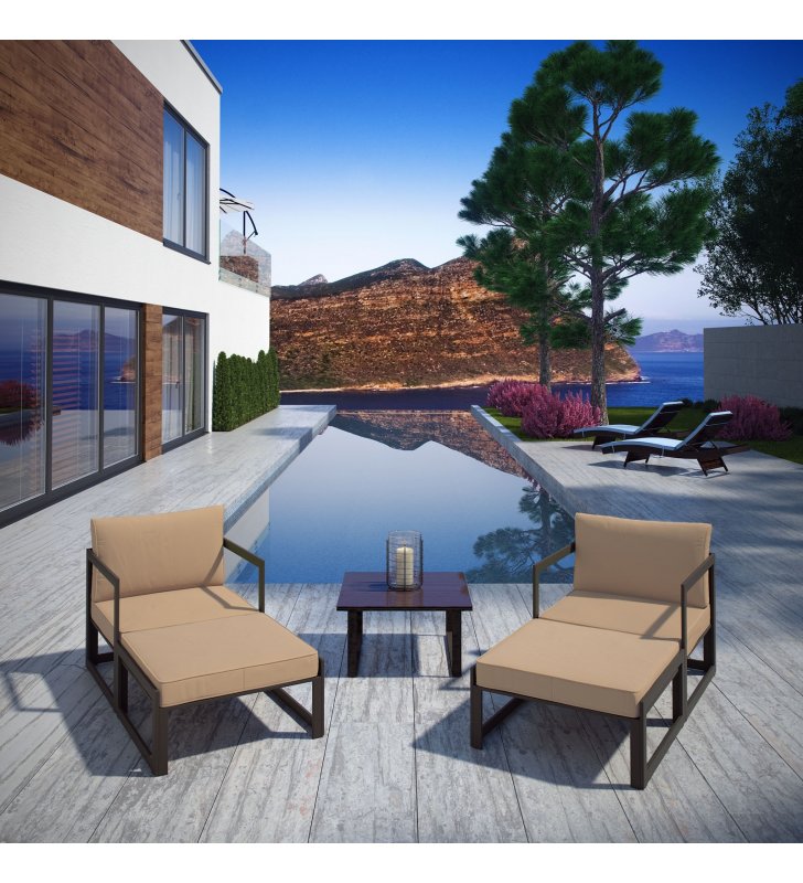 Fortuna 5 Piece Outdoor Patio Sectional Sofa Set in Brown Mocha - Lexmod