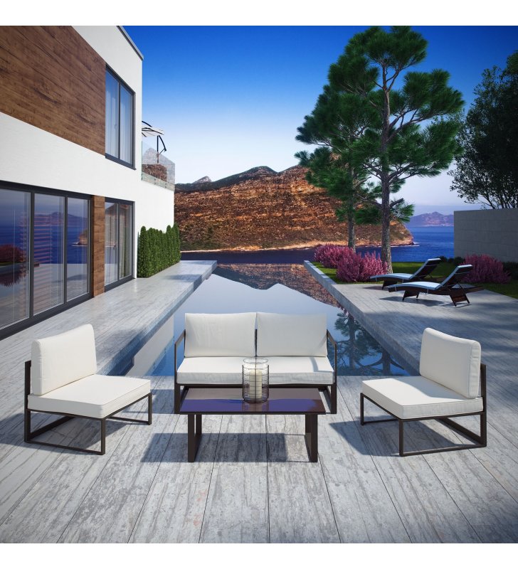 Fortuna 5 Piece Outdoor Patio Sectional Sofa Set in Brown White - Lexmod