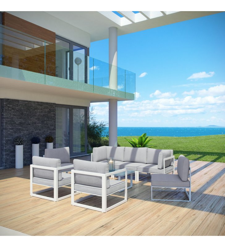 Fortuna 8 Piece Outdoor Patio Sectional Sofa Set in White Gray - Lexmod