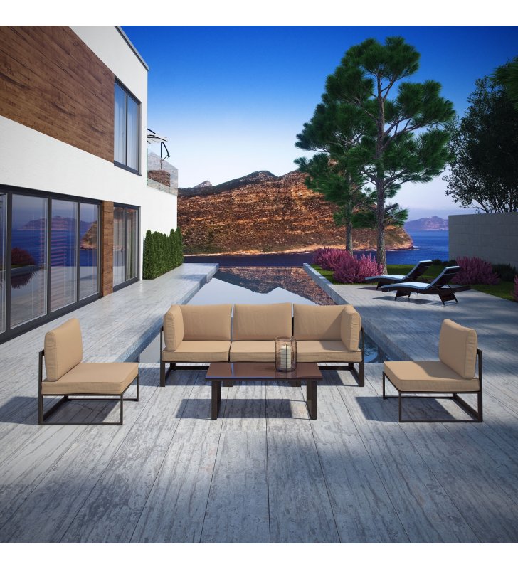 Fortuna 6 Piece Outdoor Patio Sectional Sofa Set in Brown Mocha - Lexmod