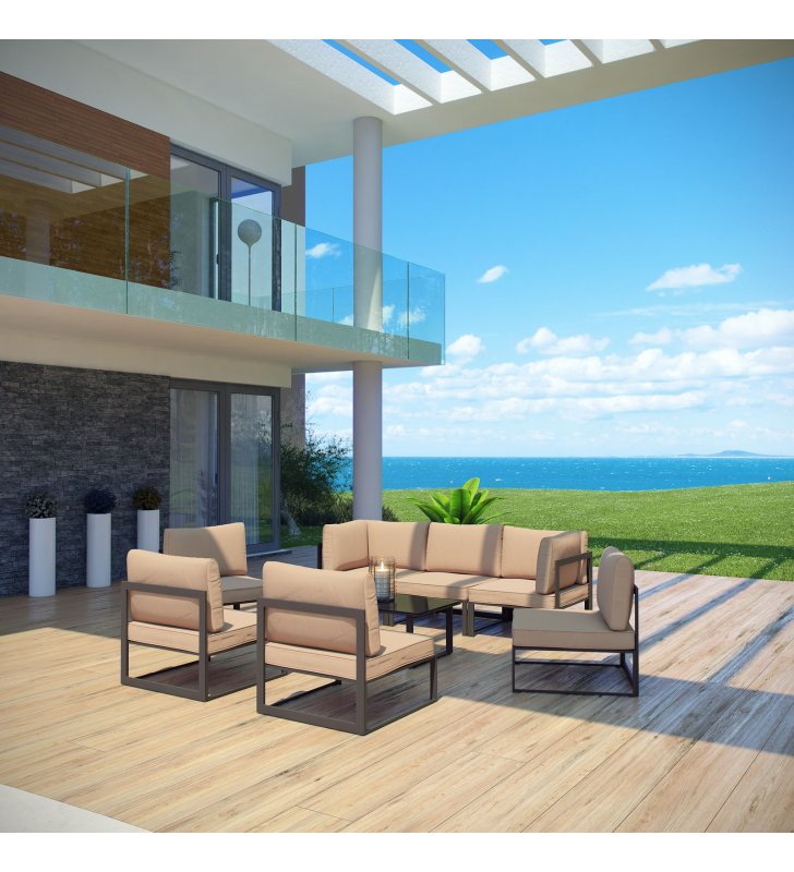 Fortuna 8 Piece Outdoor Patio Sectional Sofa Set in Brown Mocha - Lexmod