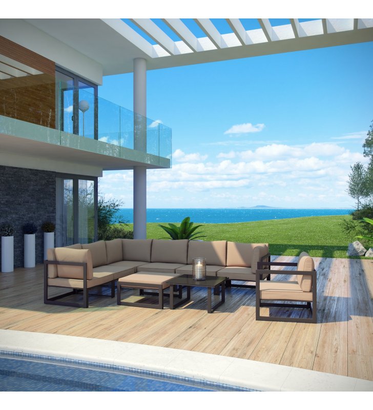 Fortuna 9 Piece Outdoor Patio Sectional Sofa Set in Brown Mocha - Lexmod