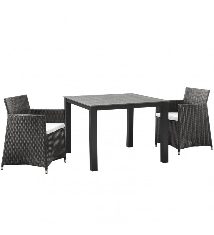 Junction 3 Piece Outdoor Patio Wicker Dining Set in Brown White - Lexmod