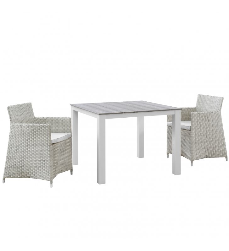 Junction 3 Piece Outdoor Patio Wicker Dining Set in Gray White - Lexmod