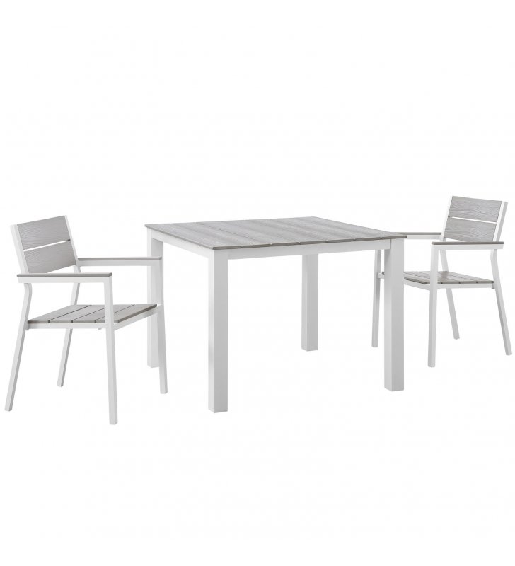 Maine 3 Piece Outdoor Patio Dining Set in White Light Gray - Lexmod