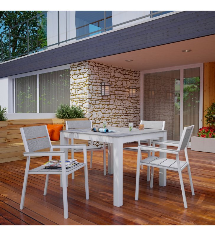 Maine 5 Piece Outdoor Patio Dining Set in White Light Gray - Lexmod