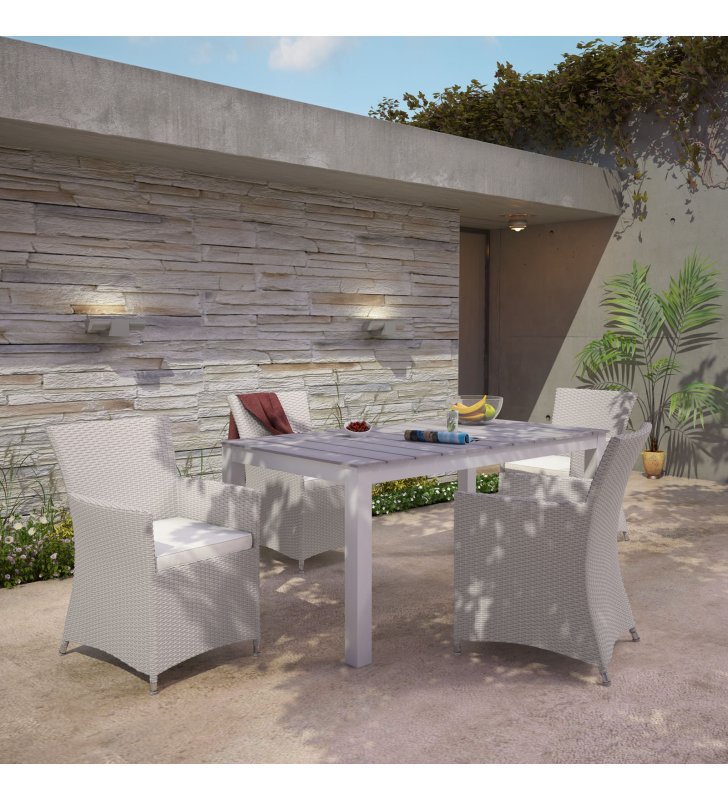 Junction 5 Piece Outdoor Patio Dining Set in Gray White - Lexmod