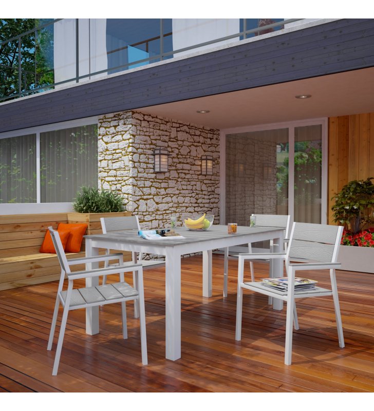 Maine 5 Piece Outdoor Patio Dining Set in White Light Gray - Lexmod
