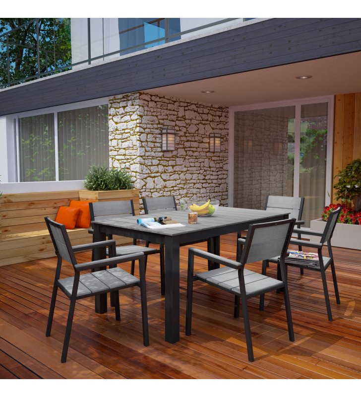 Maine 7 Piece Outdoor Patio Dining Set in Brown Gray - Lexmod