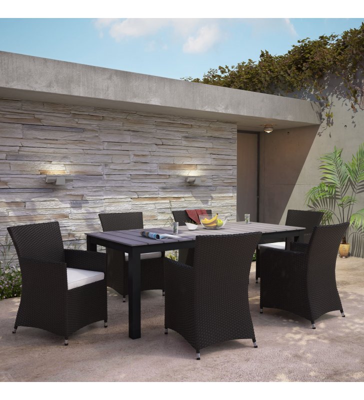 Junction 7 Piece Outdoor Patio Dining Set in Brown White - Lexmod