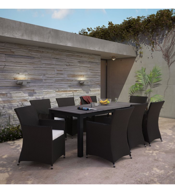 Junction 9 Piece Outdoor Patio Dining Set in Brown White - Lexmod
