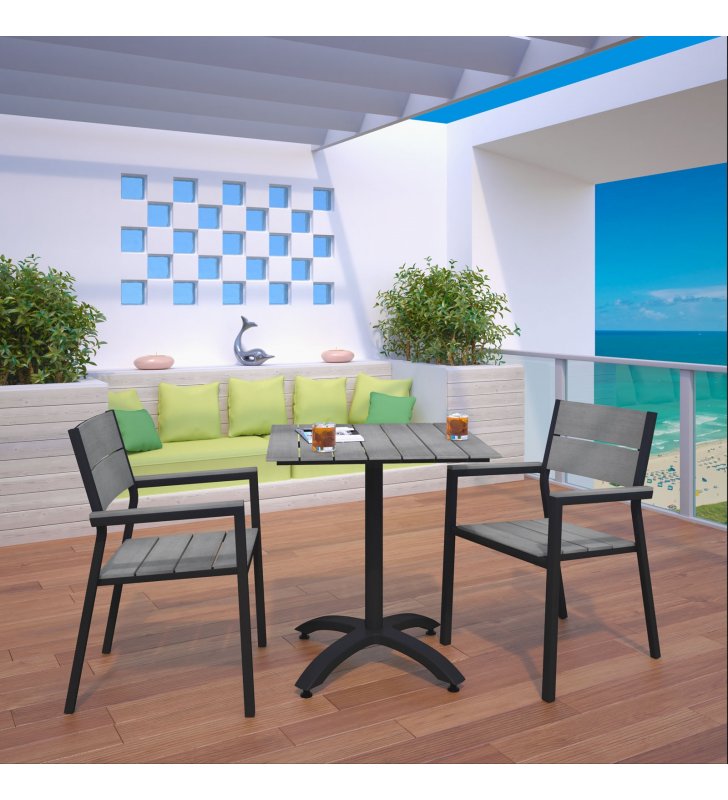 Maine 3 Piece Outdoor Patio Dining Set in Brown Gray - Lexmod