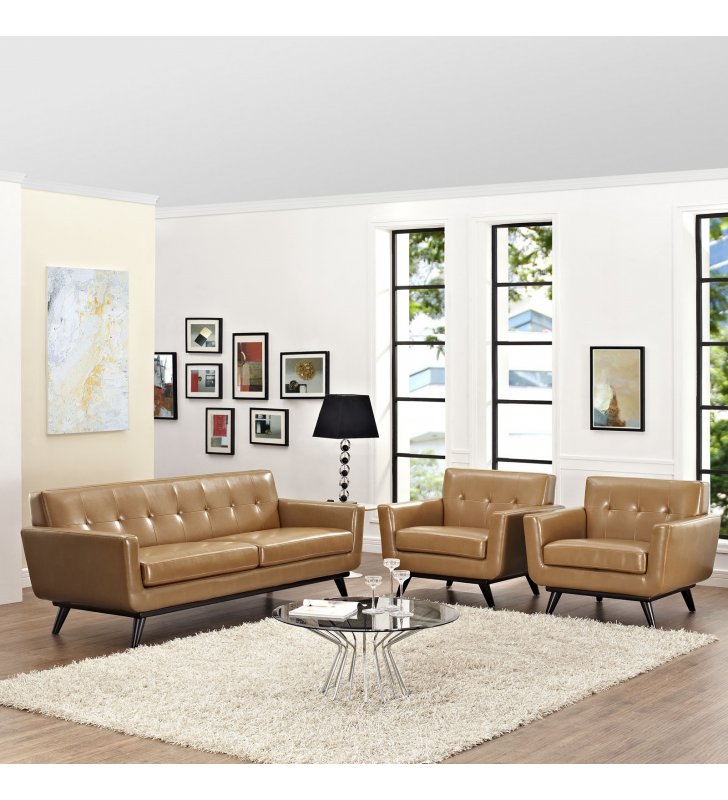 Engage 3 Piece Leather Living Room Set in Tan - Lexmod