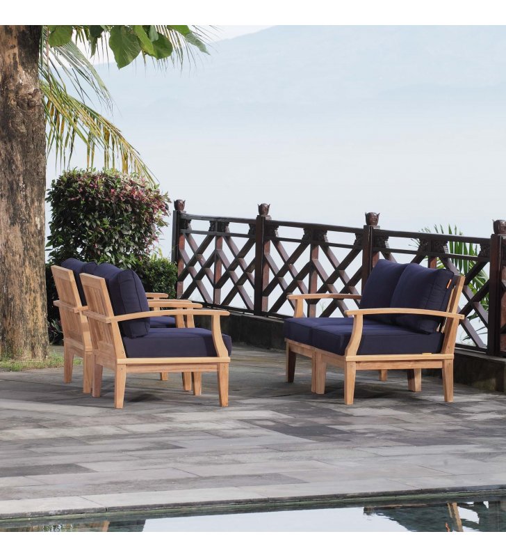 Marina 4 Piece Outdoor Patio Teak Set in Natural Navy - Lexmod