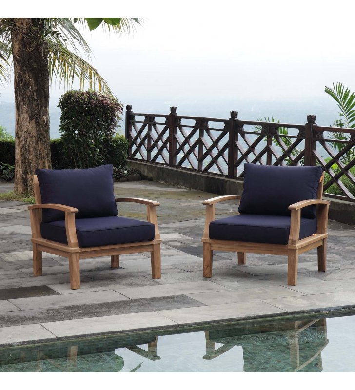 Marina 2 Piece Outdoor Patio Teak Set in Natural Navy - Lexmod