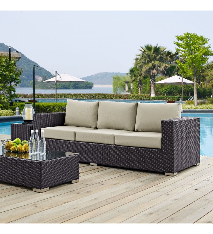 Convene Outdoor Patio Sofa in Espresso Beige - Lexmod