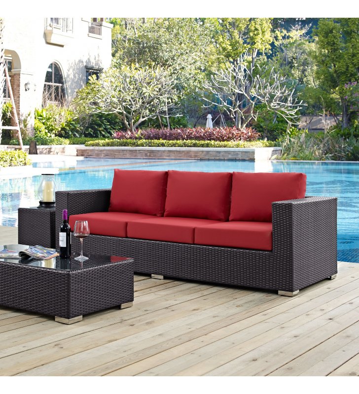 Convene Outdoor Patio Sofa in Espresso Red - Lexmod